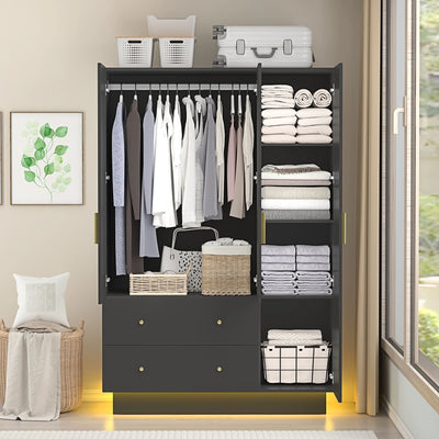 Modern Wooden Armoire Wardrobe Closet with Hanging Rod for Bedroom, 3 Door Wardrobe Closet with Mirror & LED Lights,White