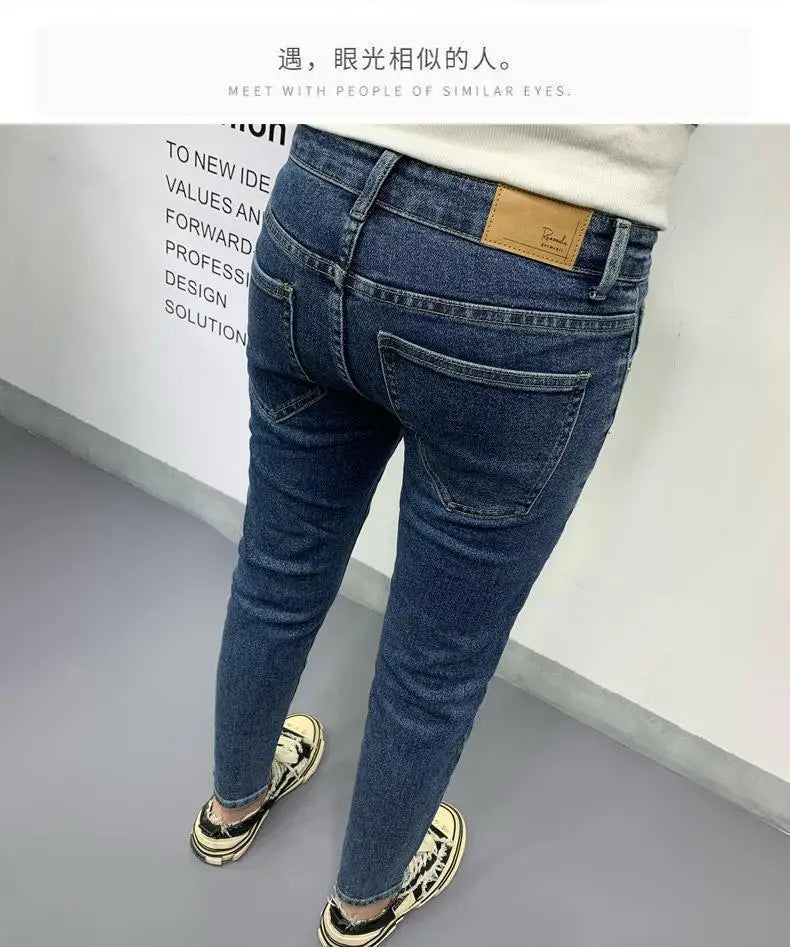 New Men's Slim Denim Jeans Casual Spring and Autumn Stretchy Skinny Pants Korean Style Trendy Cowboy Hip Hop Cropped Trousers