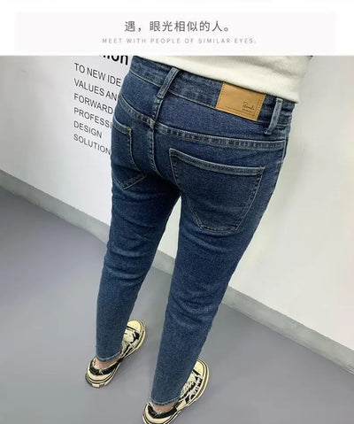 New Men's Slim Denim Jeans Casual Spring and Autumn Stretchy Skinny Pants Korean Style Trendy Cowboy Hip Hop Cropped Trousers