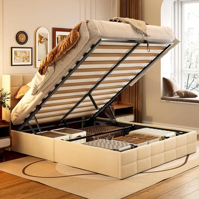 Queen Lift Up Storage Bed with Storage, Upholstered Platform Bed Frame with Modern Wingback Headboard, Woodern