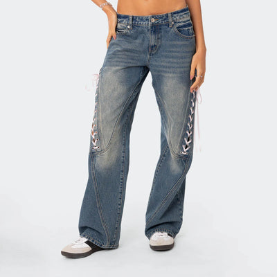 Women's Spring Summer Baggy Pants Mid Waist Loose Side Bandage Wide Leg Denim Pants