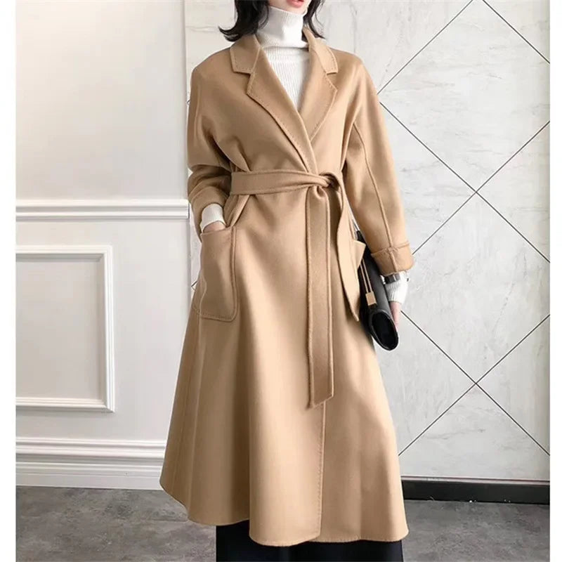 2024 Winter Jacket Women Water Wave Pattern Cashmere Coat Long High-end Double-sided Wool Blends Luxury Outerwear Streetwear