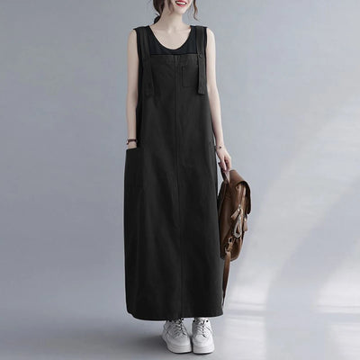 Women Sleeveless Maxi Dress Fashion Workwear Pockets Vestidos 2023 Summer Adjustable Shoulder Straps Dresses Streetwear