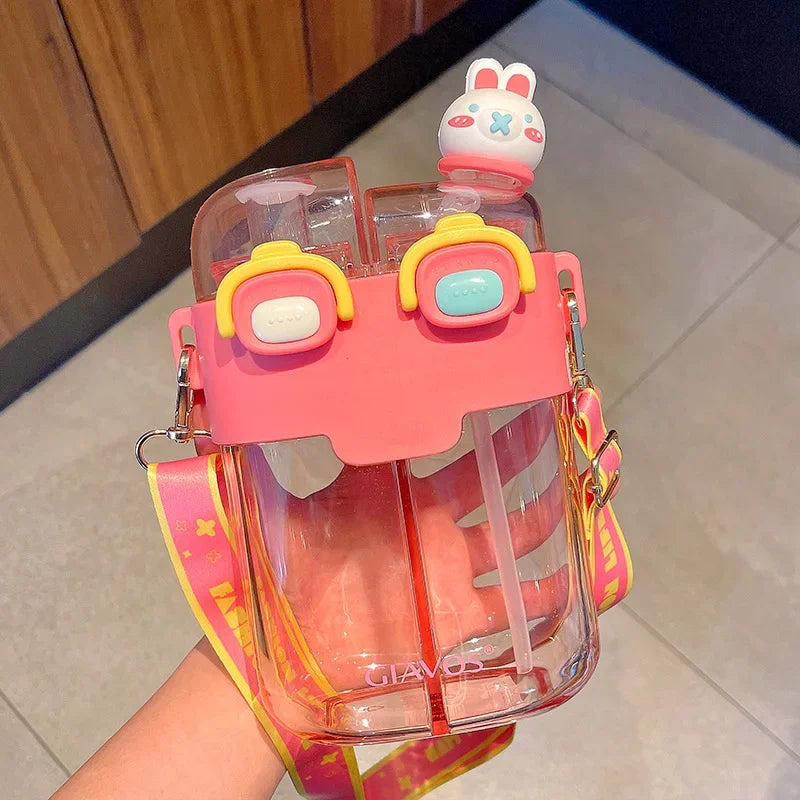 Drinking Bottle Large-Capacity Double-Bin Plastic Straw Cup Children Portable Carrying Water Bottle with High Beauty Cartoon Out