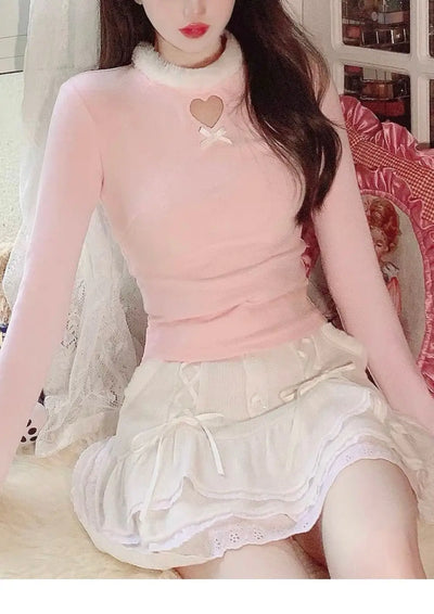 Y2k Aesthetic Heart Hollow Out T-shirts Casual O Neck Bow Patchwork Slim Tee Shirts Femme Puff Sleeve Kawaii Sweet Harajuku Tops