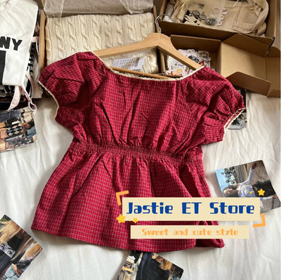 Lace Three-button Plaid Puff Sleeve Short Sleeve T-shirt Women's Summer Sweet Preppy Style Slim Shirt V-neck Short Tops Y2k
