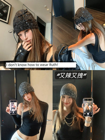 Zhao Lusi Same Style ~ Homemade Bows Sequin Knitted Cold Cap Female Y2g Sexy Wind Show Face Small Toe Cap Pile Heap Cap