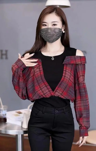 Fake Two Pieces Chiffon Silk Blouse for Women Off Shoulder Top Cool Blue Stripe Cotton Satin Shirt Woman Particular Trends Youth