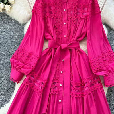 Elegant Long Maxi Hollow Out Dress Shirt Women Summer Autumn Palace Retro Pearl Button Embroidery Crochet Evening Party Vestidos