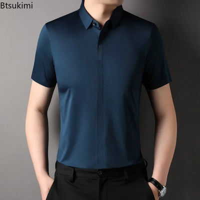 Summer New High-grade Hidden Button Men's Light Luxury Short Sleeve Shirts Men High Elastic Business Anti-wrinkle Ice Silk Shirt