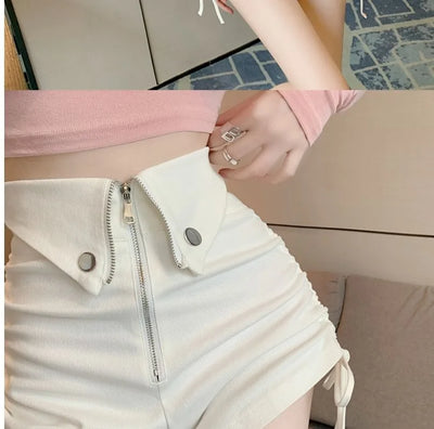 Women's High Waist White Shorts  Summer Spice Girls Drawstring A-line Short Hot Pants  Trendy Lace Up Zip Up Button Down Shorts