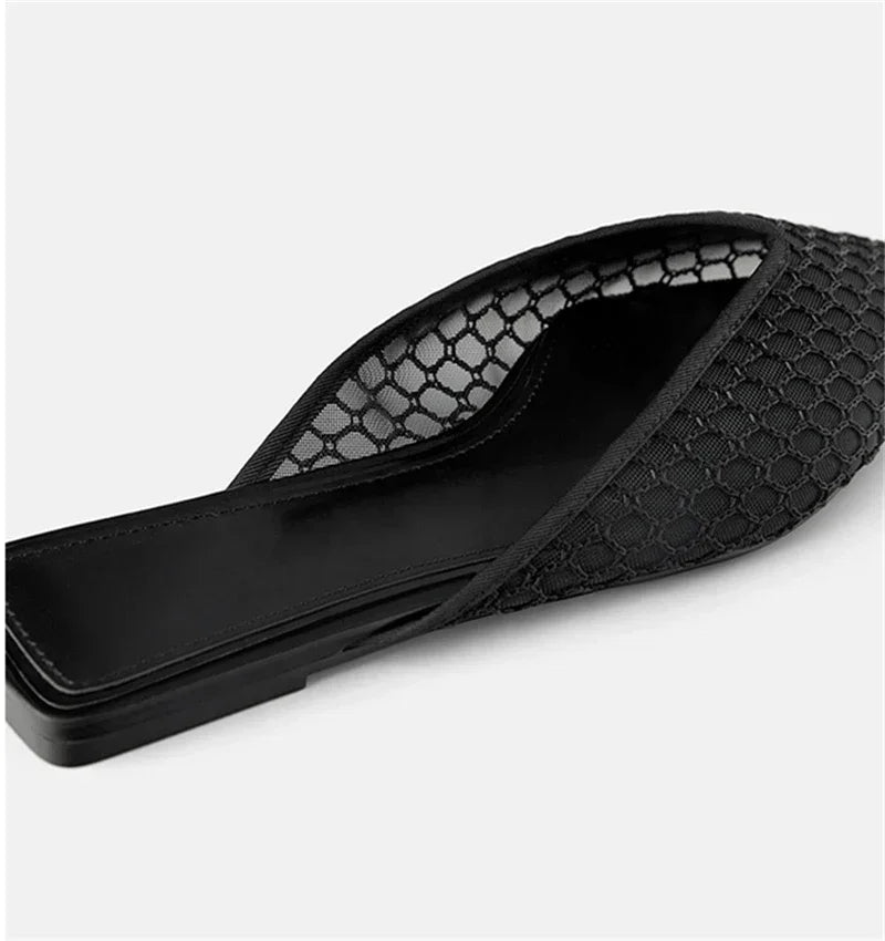 Women's Pointed Toe Slippers 2024 Summer Designer Mesh Beach Flat Shoes Slides Outside Mules Gladiator Sandals Zapatos De Mujer