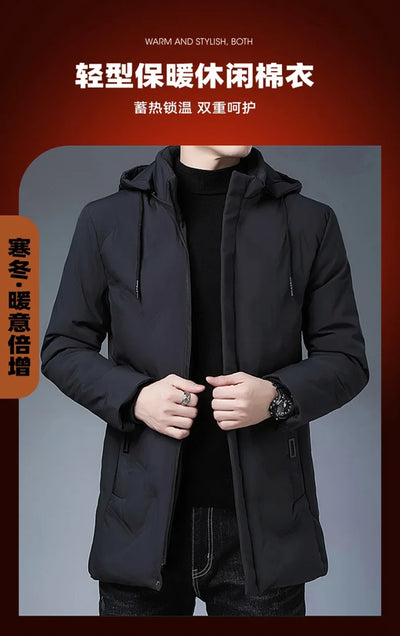 Fashion Men Long Parkas Coat Solid Slim Fit Warm Thicken Jacket Outwear Windproof Coat Hooded Cotton-padded Zipper Windbreaker
