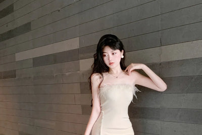 Strapless Dress Women Feather Collar Beaded Slit Birthday Party Wrapped Dresses