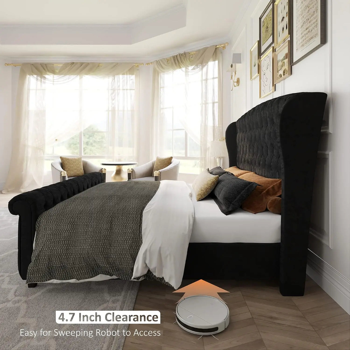 Queen Size Platform Bed Frame, Velvet Upholstered Sleigh Bed with Scroll Wingback Headboard Footboard/Button TuftedBlack