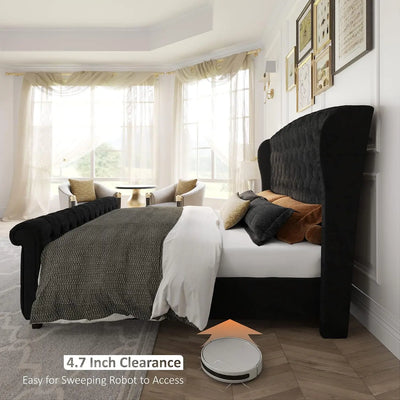 Queen Size Platform Bed Frame, Velvet Upholstered Sleigh Bed with Scroll Wingback Headboard Footboard/Button TuftedBlack