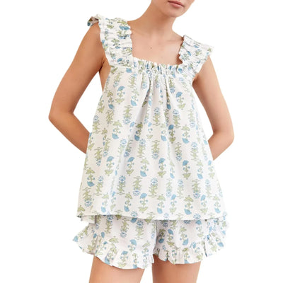 2-Piece Outfits Women Floral Print Summer Set Square Neck Flutter Sleeve Loose Tank Tops Ruffled Shorts