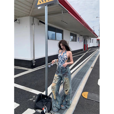 Y2K Ripped Jeans Women Vintage Streetwear Hole Wide Leg Denim Pants Harajuku Aesthetic Gyaru Baggy Design Straight Trousers New