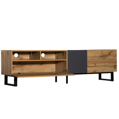 180cm Modern TV Cabinet w/Wood & Grey Contrast - Open Storage w/Black Iron Base