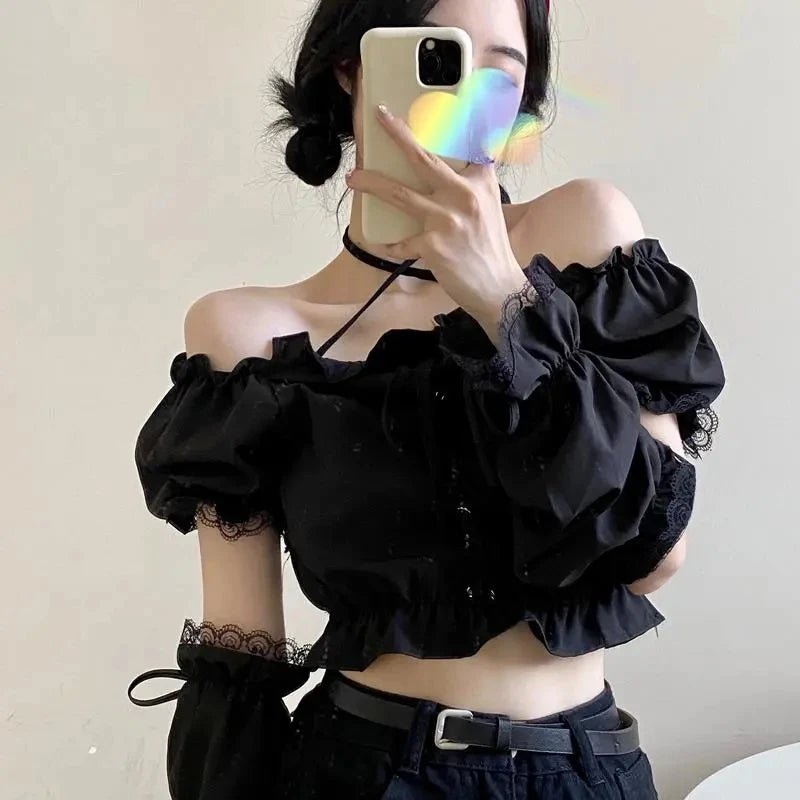 Women's Removable Sleeve T-shirt Drawstring Off Shoulder Crop Top Vintage Shirt Dark Style Harajuku Goth Tee Spring Y2k