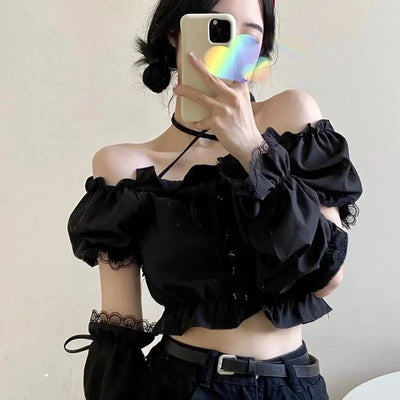 Women's Removable Sleeve T-shirt Drawstring Off Shoulder Crop Top Vintage Shirt Dark Style Harajuku Goth Tee Spring Y2k