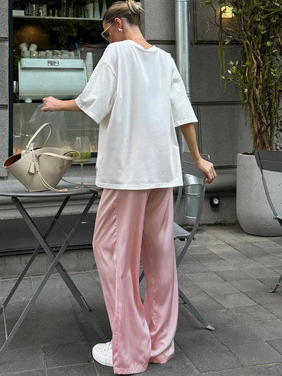 JULISSA MO Satin High Waist Lace Up Women Trousers Pink Casual Basic Elastic Waist Drawstring Pant Lady Loose Elegant Streetwear