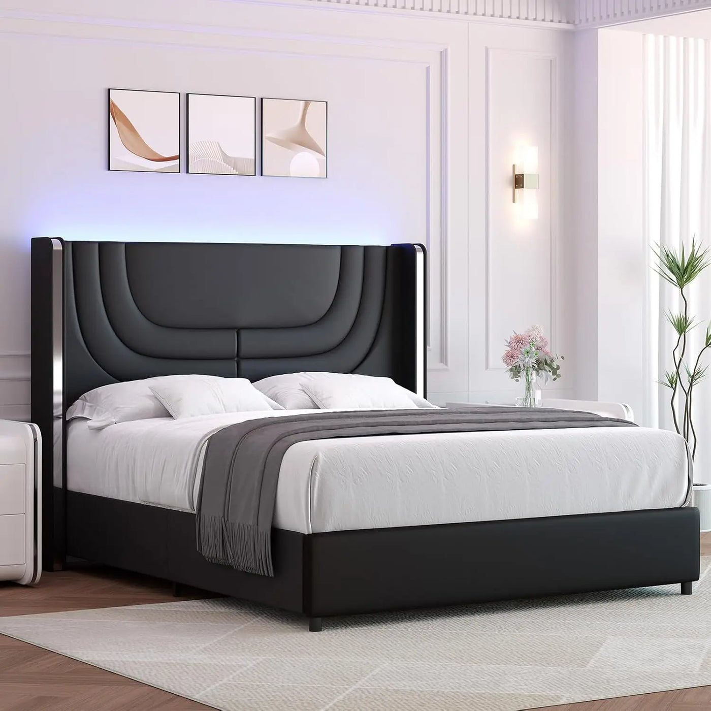 Queen Bed Frame with LED Lights, Faux Leather Upholstered Platform with Silver Wingback Headboard, Modern Style