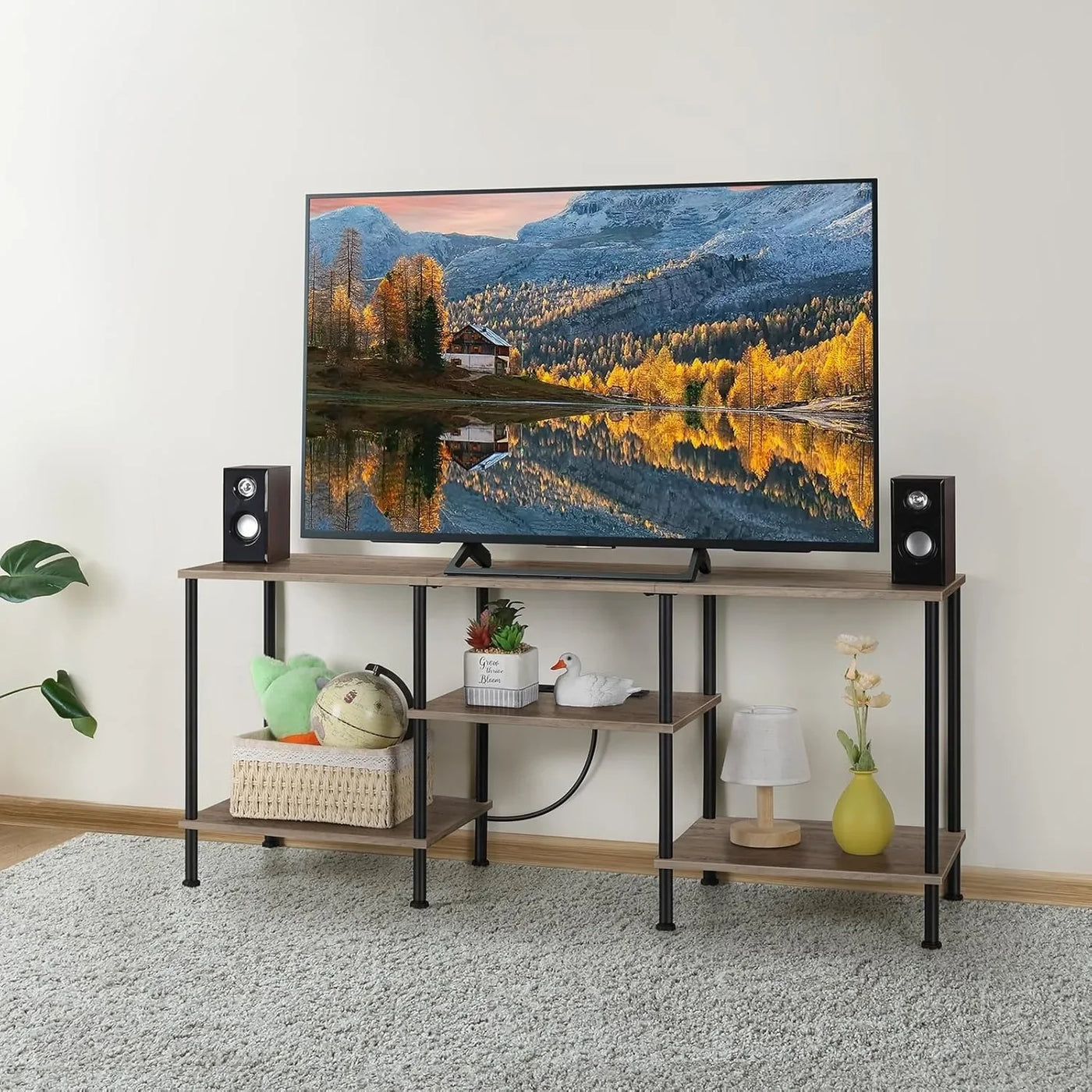 Farmhouse 50" TV Stand with Built-in Outlets & 3-Tier Storage - Multi-Room Media Console for 50/43/40/32" TVs, Rustic Grey