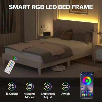 Queen Size Bed Frame with LED Lights, Upholstered Bed Frame with Wingback Diamond Tufted Headboard, Wood Slats Support