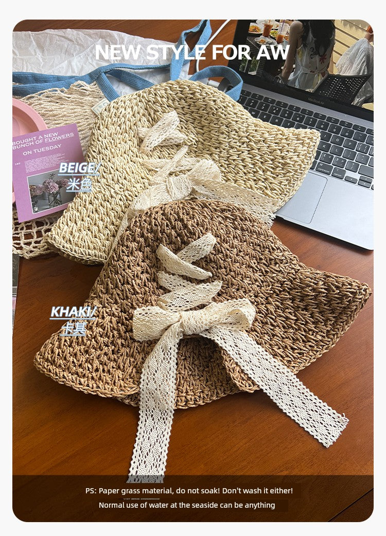 Straw Hat Female Summer New French Woven Bows Sun-Proof Bucket Hat Fresh Beach Trip Vacation Sun Hat