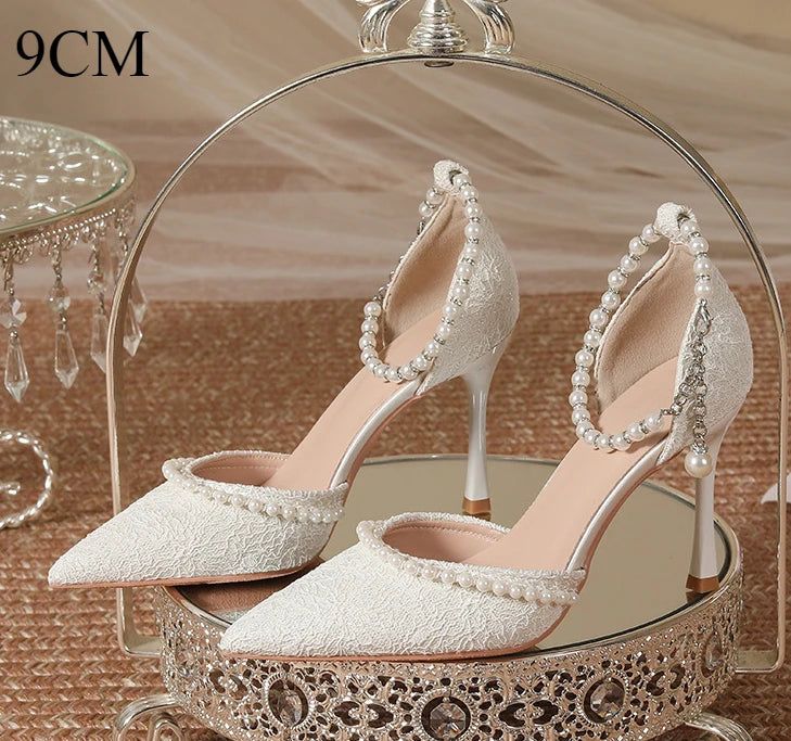 High Heeled Shoes Women's 2025 Summer with A Thin Heel and Pointed Toe A Straight Cut Lace Surface White Pearl Bridal Shoe Women