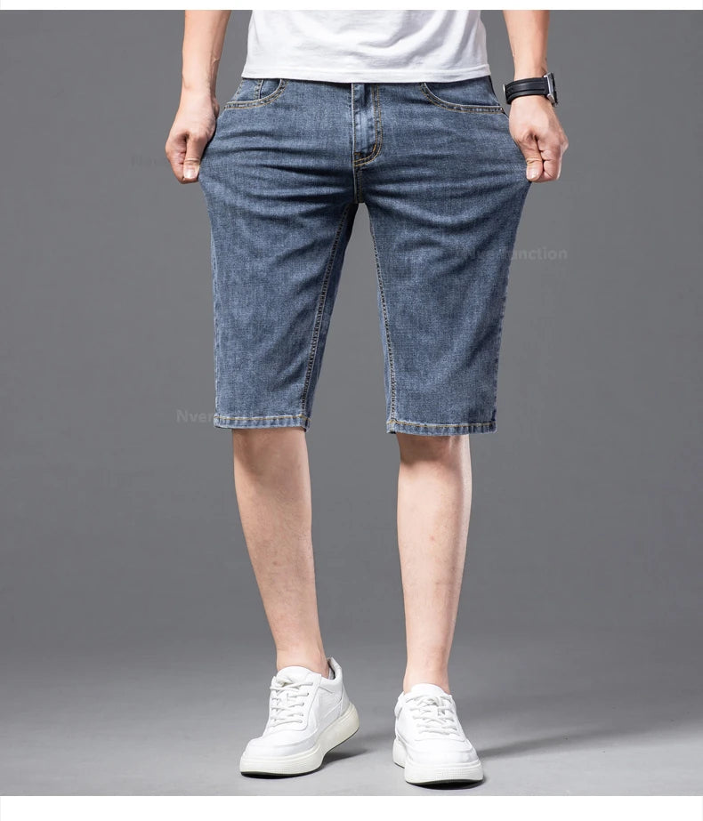 Fashion Men's Straight Denim Shorts Summer Thin Elastic Casual Bermuda Jeans Breathable Fabric Male Clothes Boardshorts
