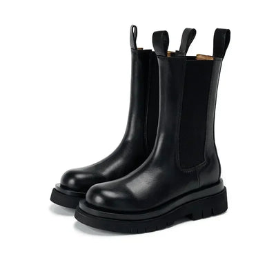 Botas clásicas Chelsea para mujer, Botines negros con plataforma de cuero genuino, botas cortas sin cordones y banda elástica,