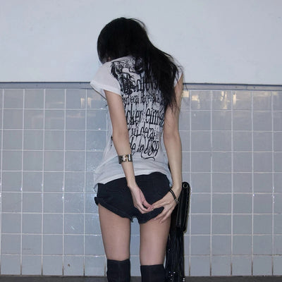 Karrram Japanese Y2k Letter Print T-shirt Trashy 2000s Style Tattoo T Shirt Vintage Harajuku Short Sleeve Sheer Tops Grunge Goth