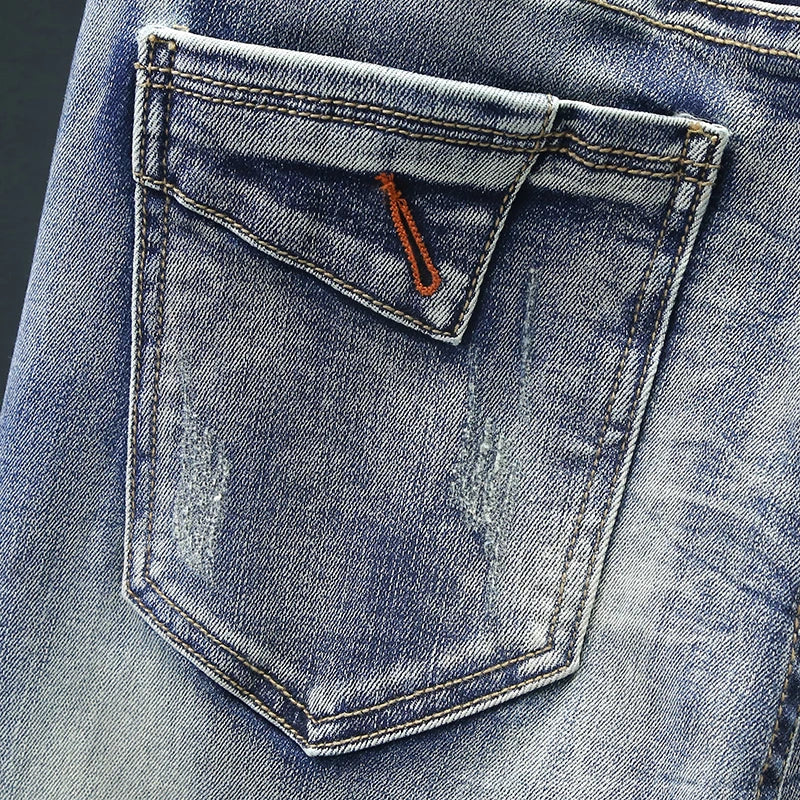 Retro Men's Jeans Slim Elastic Spliced zipper Skinny Pencil Trousers Harajuku Hip-hop Rock Motorcycle Denim Pants Streetwear