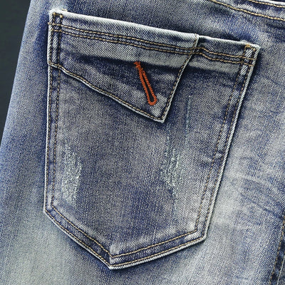Retro Men's Jeans Slim Elastic Spliced zipper Skinny Pencil Trousers Harajuku Hip-hop Rock Motorcycle Denim Pants Streetwear