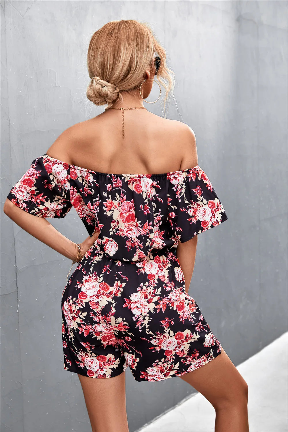 Summer Woman Playsuits Flowers Printed Sexy Off Shoulder Slim Romper Jumpsuit Women Short Sleeve Holiday Beach Playsuit