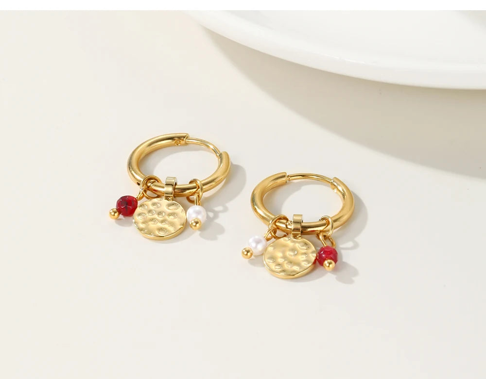 YACHAN 18K Gold Plated Stainless Steel Hoop Earrings for Women Tap Texture Metal Pearl Charms Earring Trendy Jewelry Gift