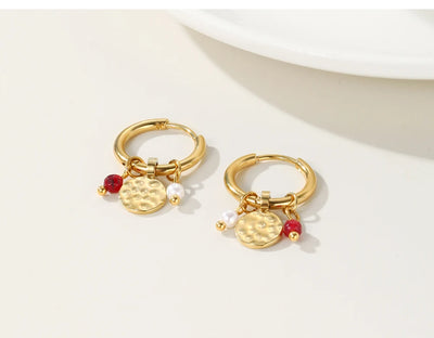 YACHAN 18K Gold Plated Stainless Steel Hoop Earrings for Women Tap Texture Metal Pearl Charms Earring Trendy Jewelry Gift