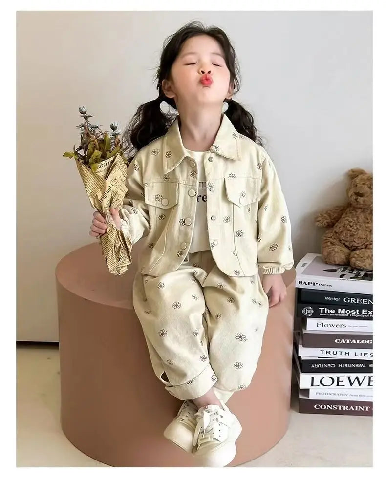 Girls Coat and Pants Two Piece Set 2025 Spring and Autumn New Korean Fashion Floral Casual Coat and Pants Two Piece Set Trend