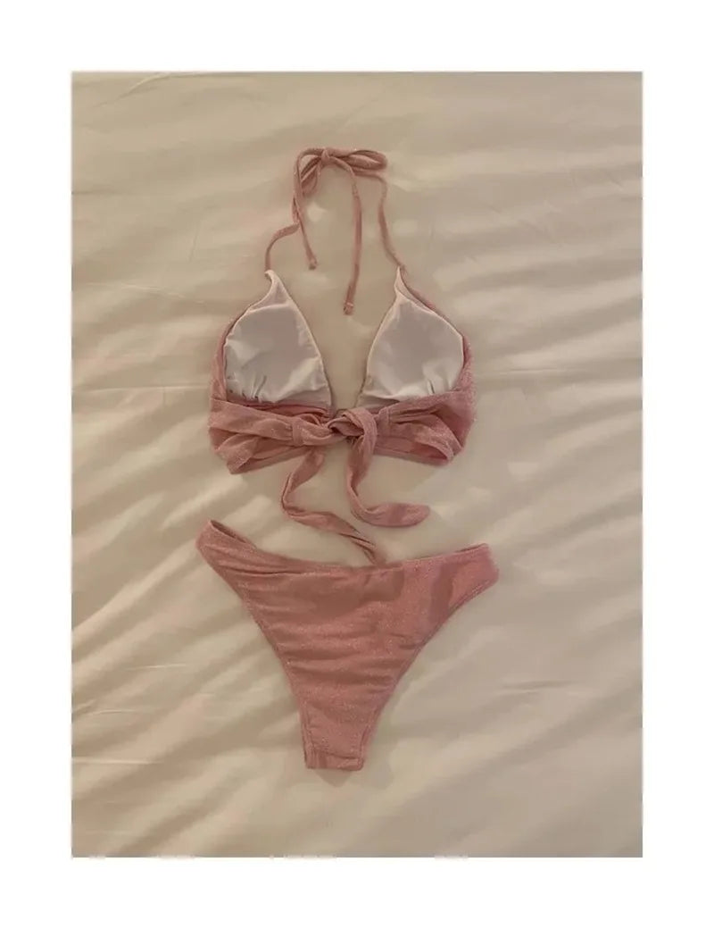 Swimsuit women's split three-piece set pure desire hot spring solid color sexy Korean small chest strap seaside vacation bikini