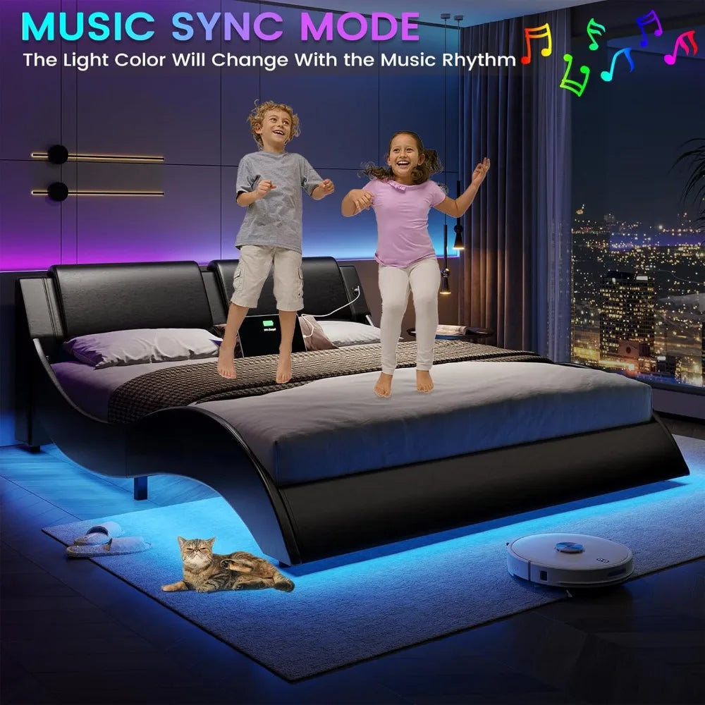 Bed Frame with Led Lights and Charging Ports Modern Faux Leather Upholstered Queen Size Platform Bed with Headboard Wave