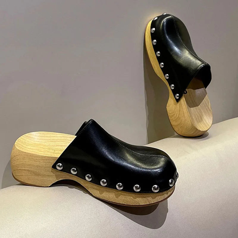 Women Imitation Cork Sole Mules Fashion Rivets Heels Platform Block Heel Soft Leather Slippers Round Toe Slip-on Casual Shoes