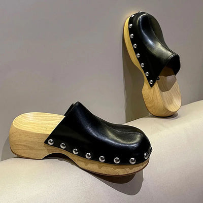 Women Imitation Cork Sole Mules Fashion Rivets Heels Platform Block Heel Soft Leather Slippers Round Toe Slip-on Casual Shoes