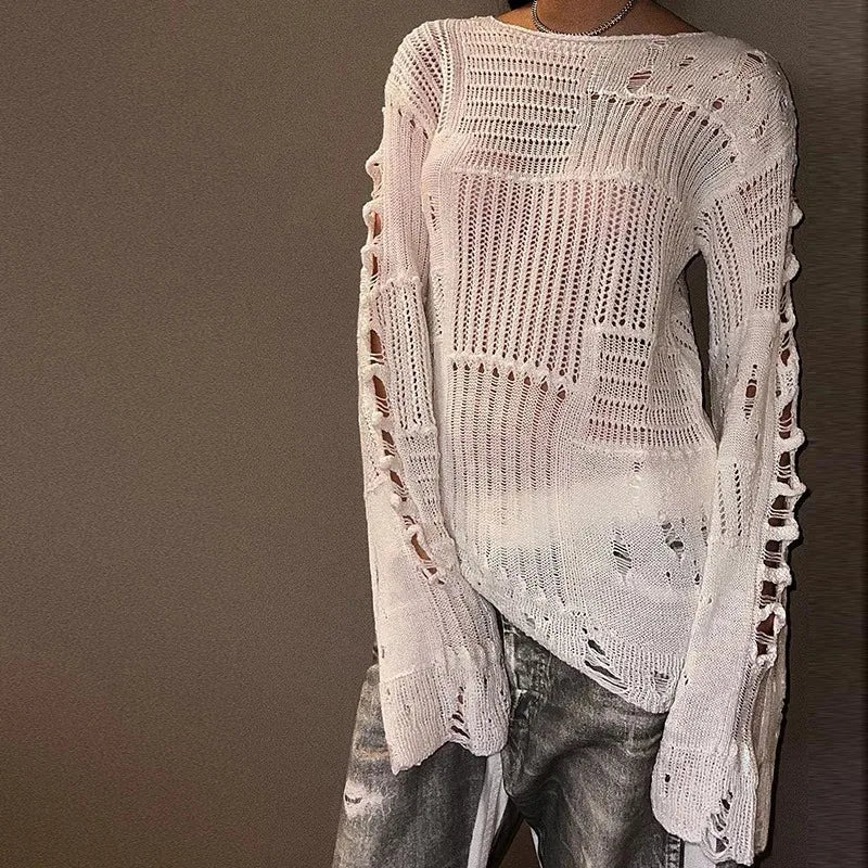Women's Vintage Gothic Hollow Knit Sweater with Ripped Holes Grunge Y2K Style Thin Long Sleeve Loose Fit Summer Top in Black