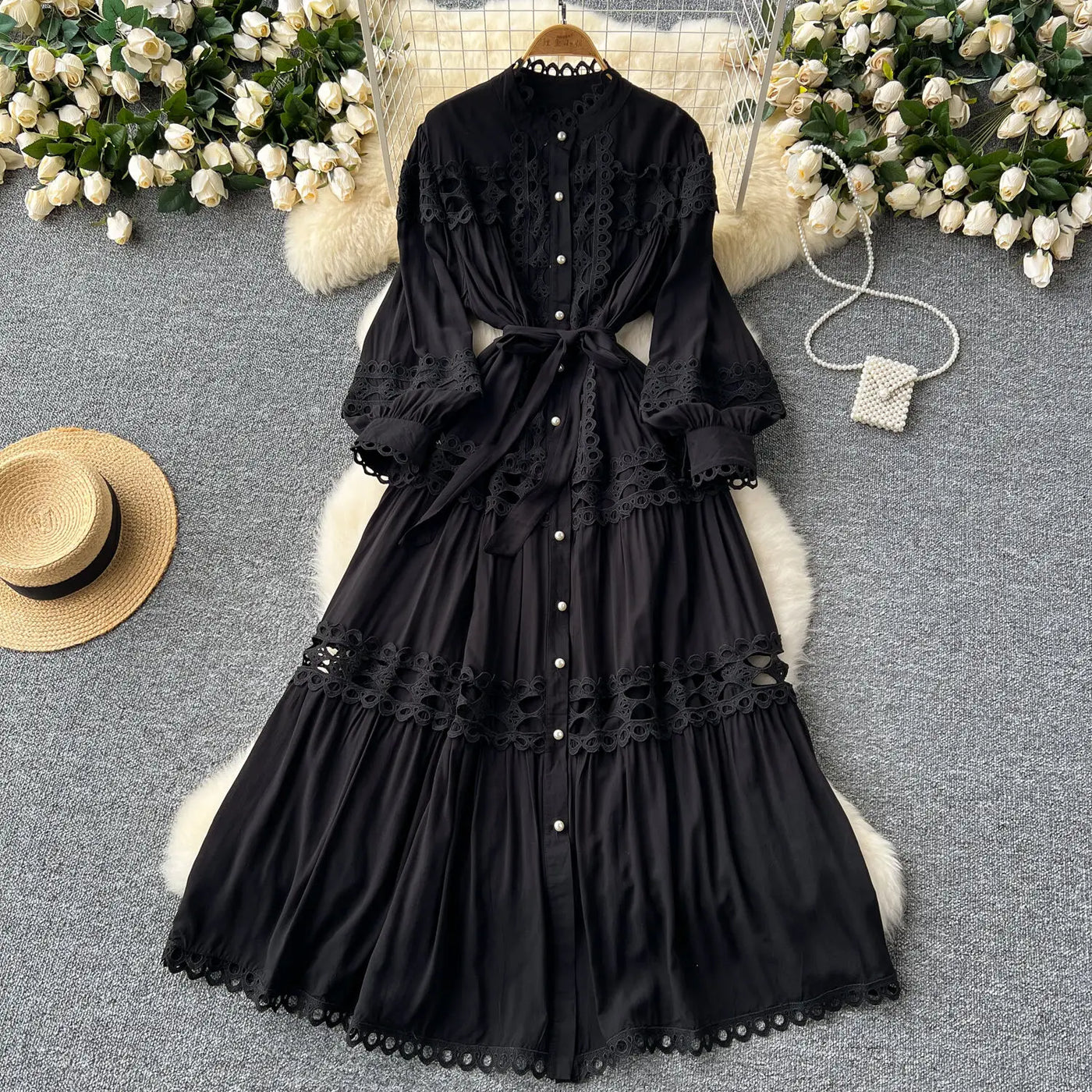 Elegant Long Maxi Hollow Out Dress Shirt Women Summer Autumn Palace Retro Pearl Button Embroidery Crochet Evening Party Vestidos
