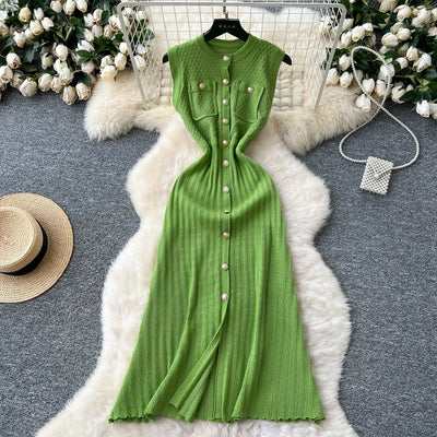 Women's Round Neck Sleeveless Dress Single-breasted Chic Elasticated Waist Slim Long Skirt   New High Quality Knitted Dress
