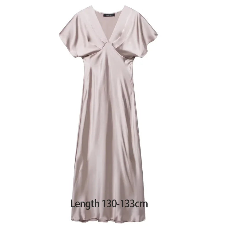TRAF 2025 Woman Fashion Silk Texture Midi Dress Casual Slim Short Sleeve V Neck Midi Long Dresses Vestidos Mujer