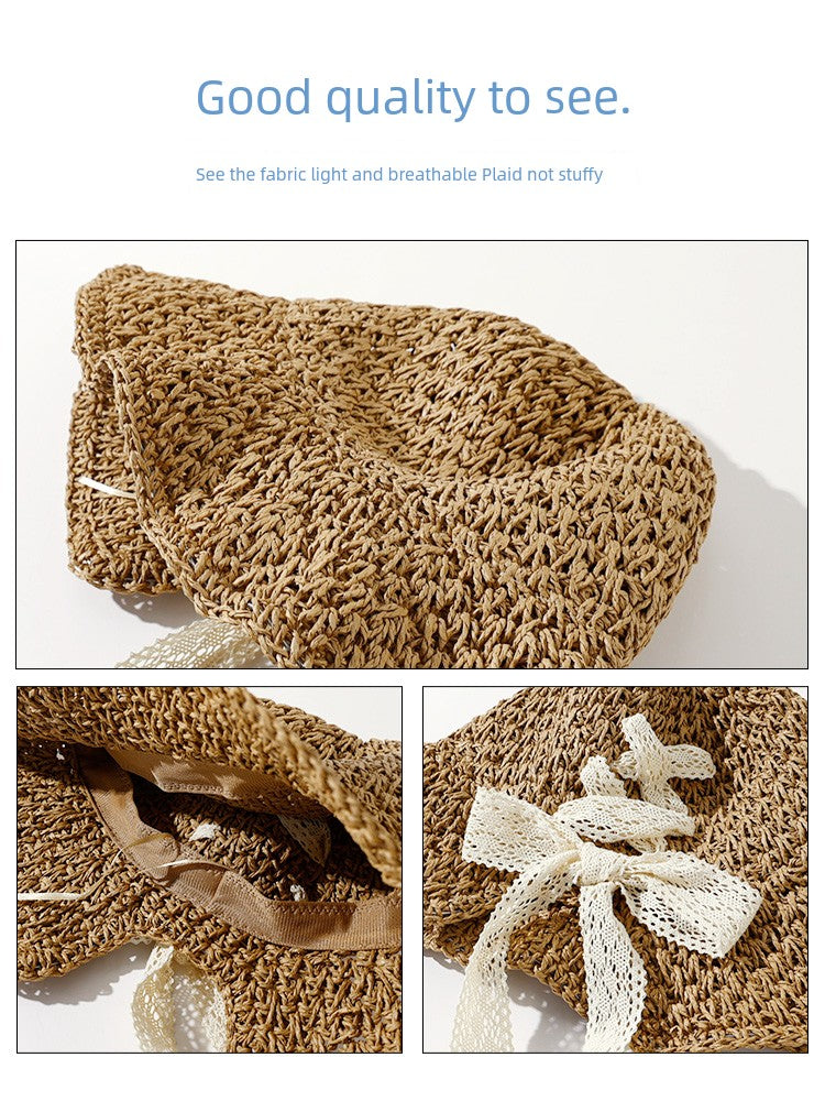 Straw Hat Female Summer New French Woven Bows Sun-Proof Bucket Hat Fresh Beach Trip Vacation Sun Hat