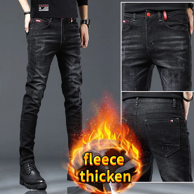 Warm Fleece Pants Winter Man Cowboy Man Thermal Fleece Lined Black Korean Fashion Slim Thicken Plush Wool Boot Cut Jeans Men